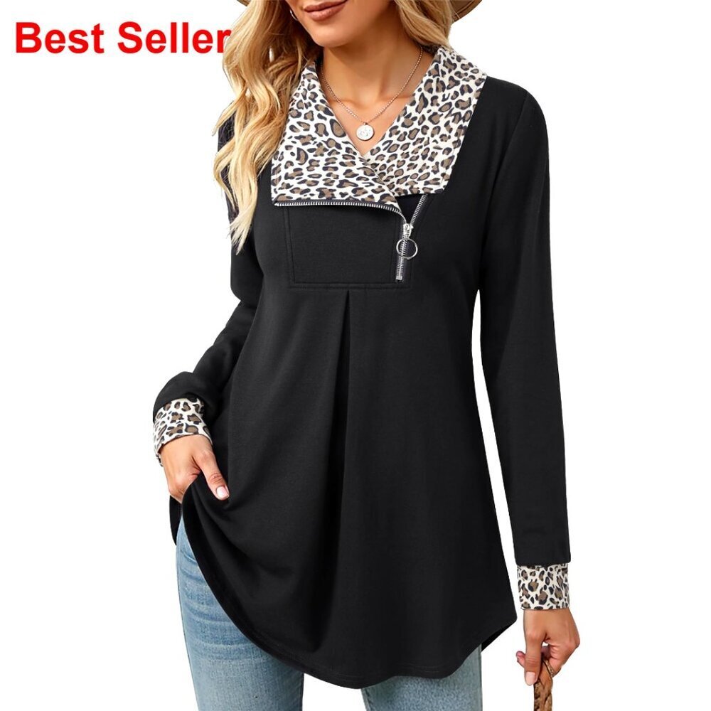 Long Sleeve Zip Lapel Tunic Sweatshirt, Loose Fit A-Line Pullover for Women